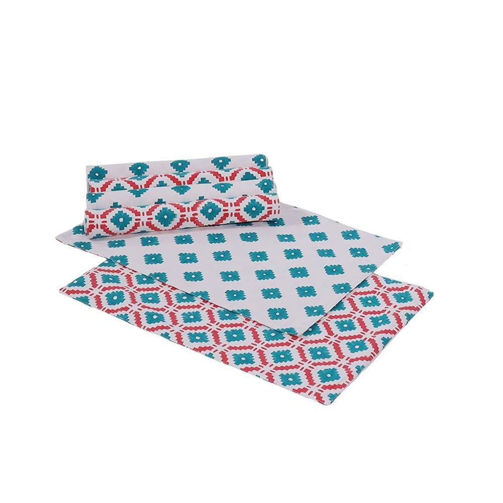 Green & Red Block Printed Table Runner & Set of 6 Table Mats
