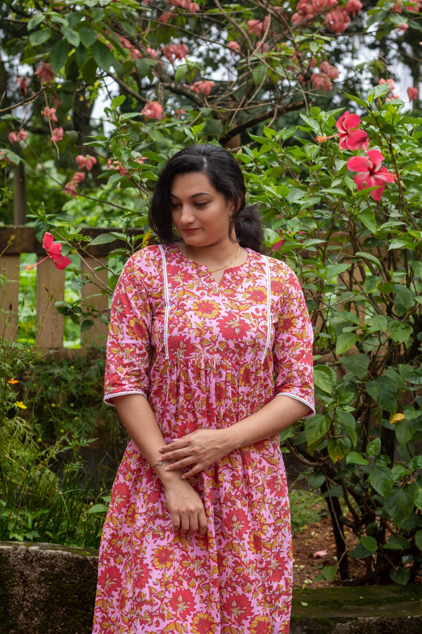 Pink Floral Block Printed Ruffled Kurta With Lace Work