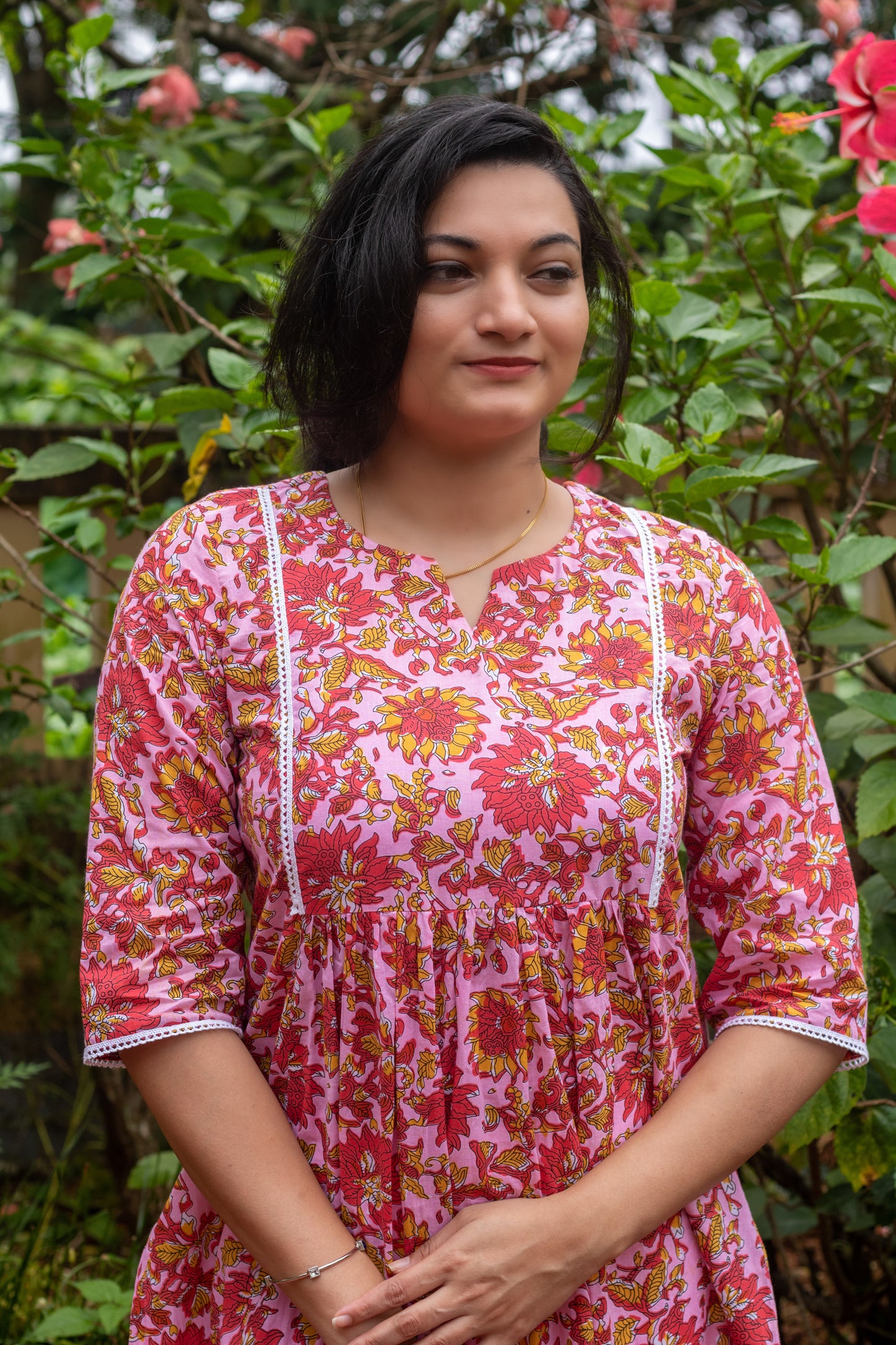 Pink Floral Block Printed Ruffled Kurta With Lace Work