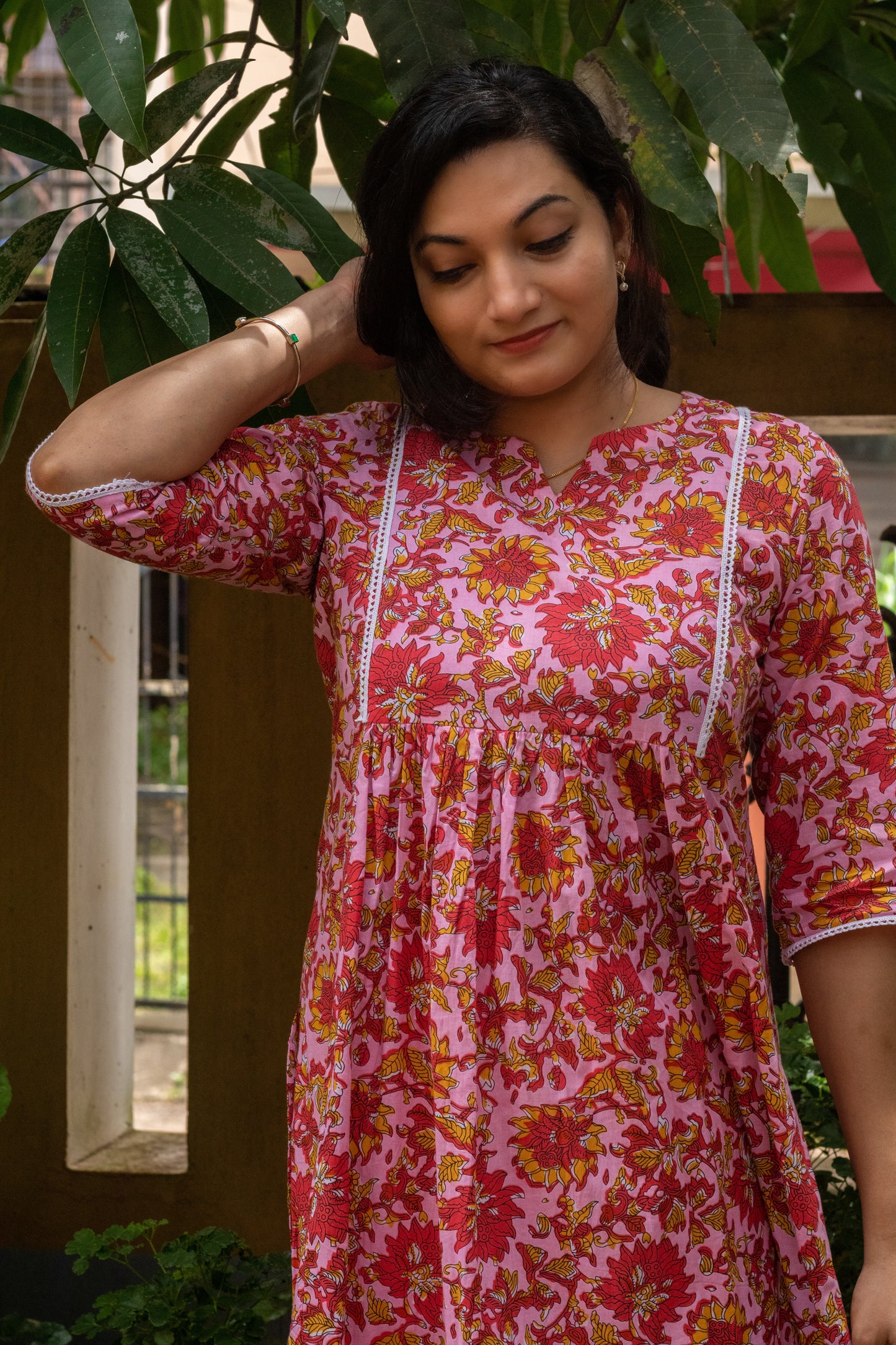 Pink Floral Block Printed Ruffled Kurta With Lace Work
