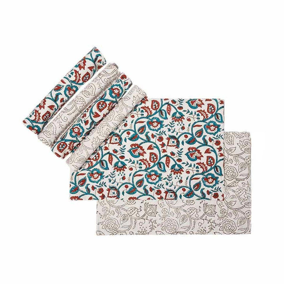 Blue & Red Block Printed Table Runner with Set of 6 Table Mats