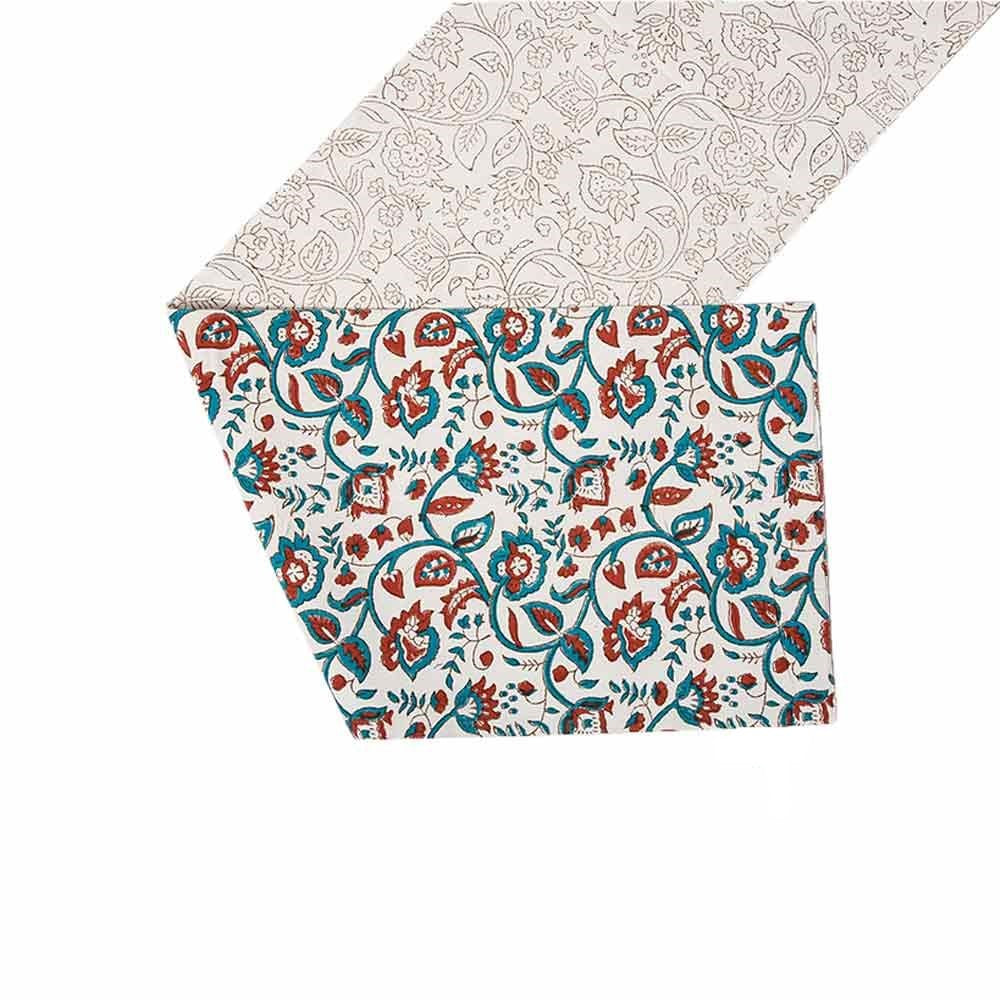 Blue & Red Block Printed Table Runner with Set of 6 Table Mats