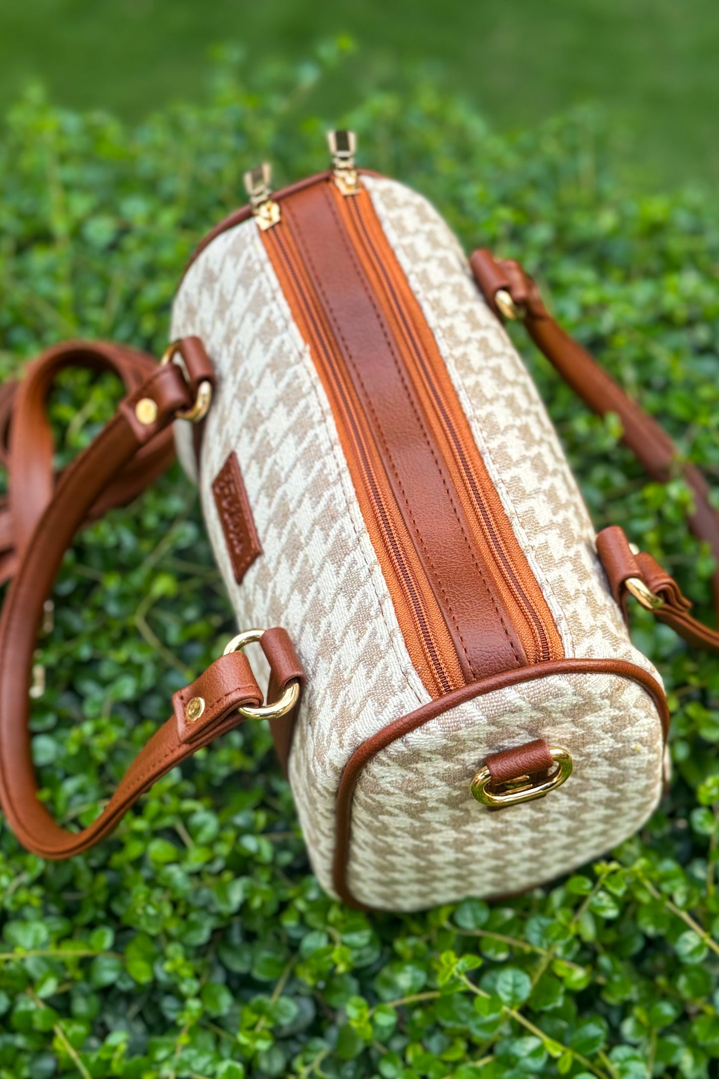 Beige Chic Check Satchel Sling