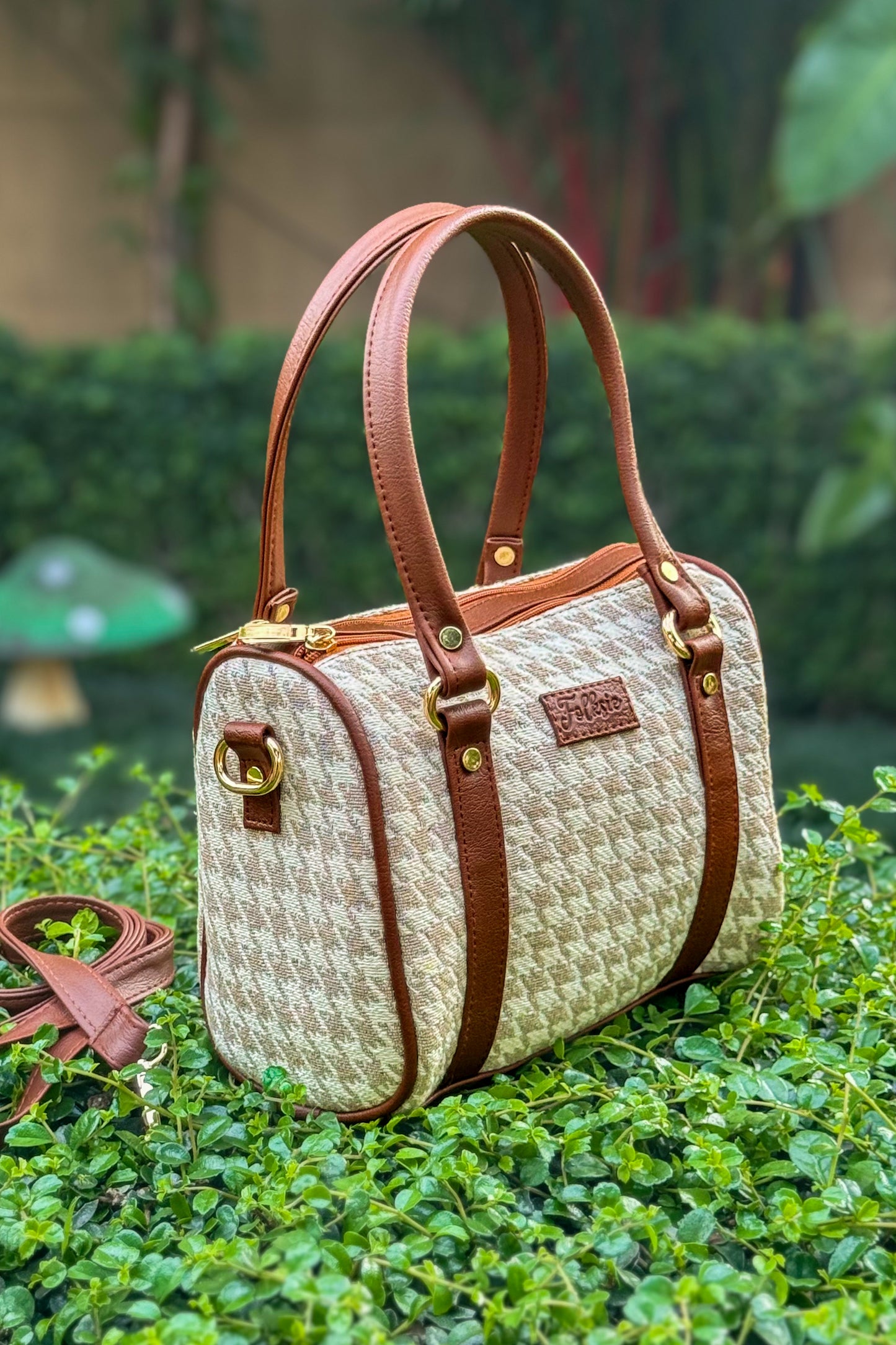 Beige Chic Check Satchel Sling