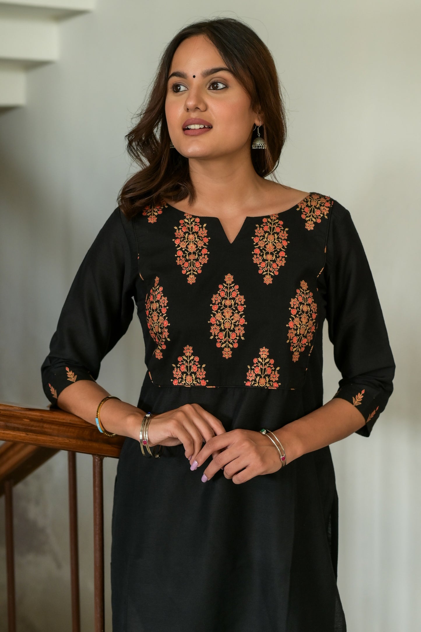 Black Kurta with Foil Printed Yoke