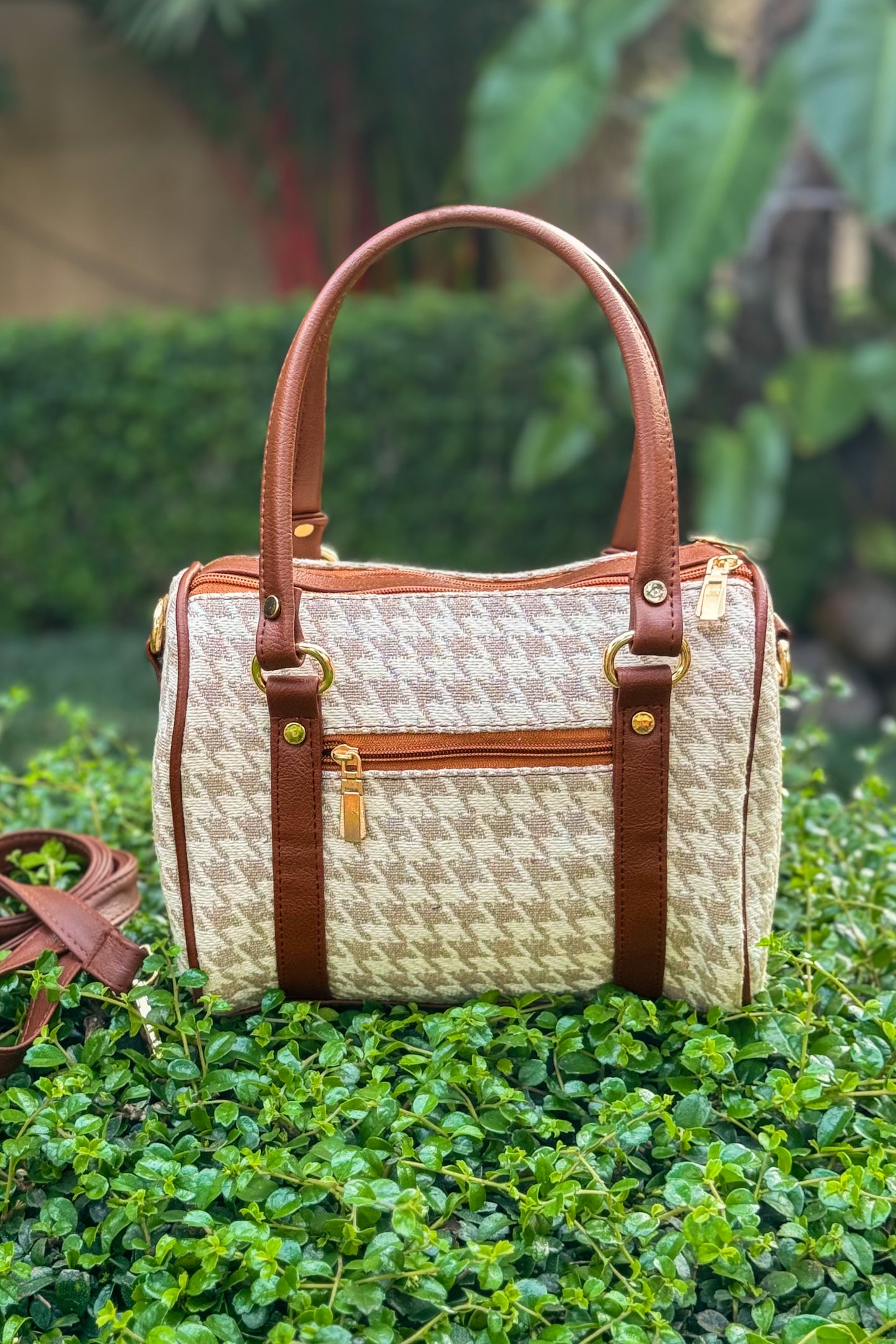 Beige Chic Check Satchel Sling