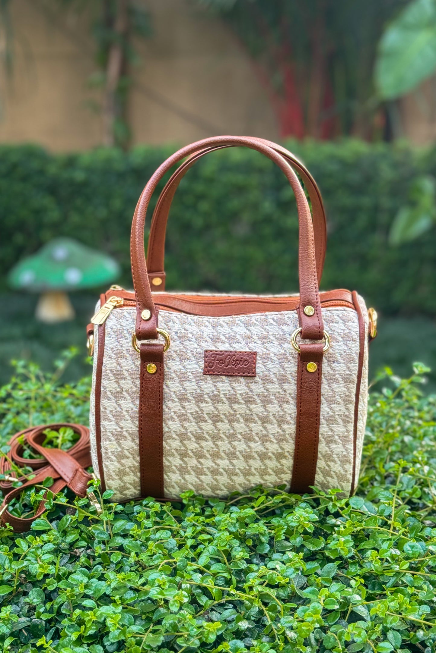 Beige Chic Check Satchel Sling