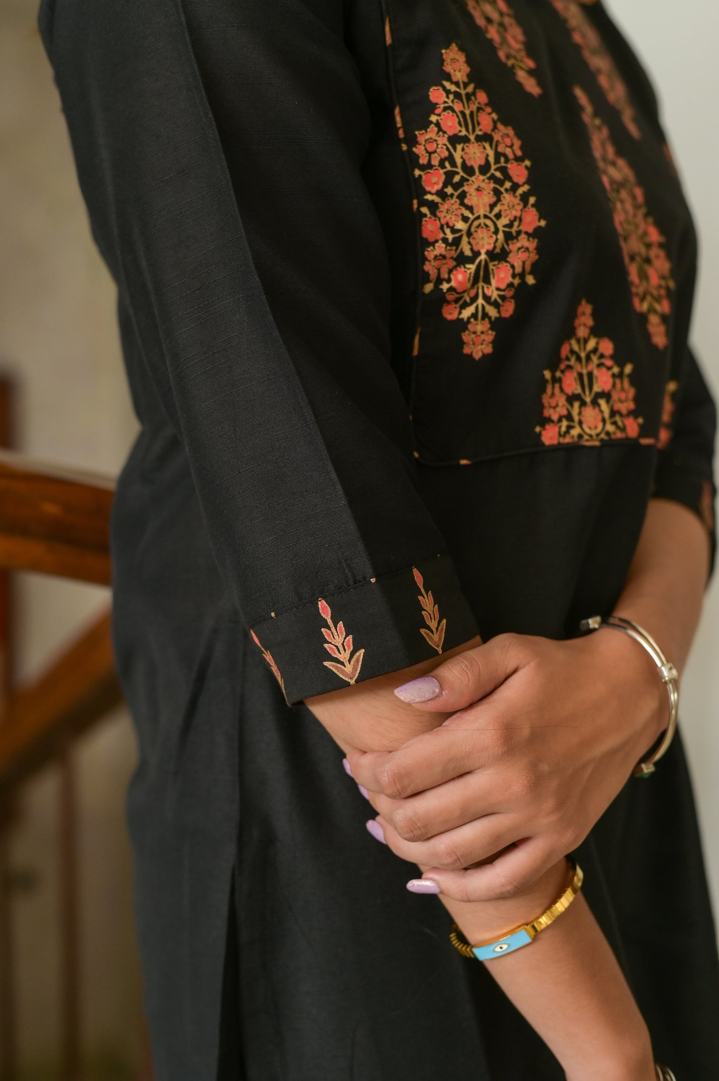 Black Kurta with Foil Printed Yoke