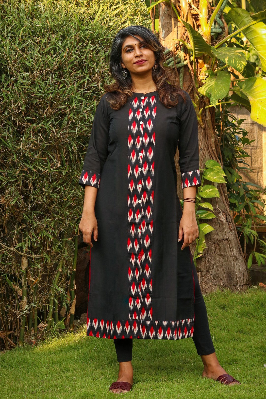 Black With Red Ikat Collared Straight Kurta