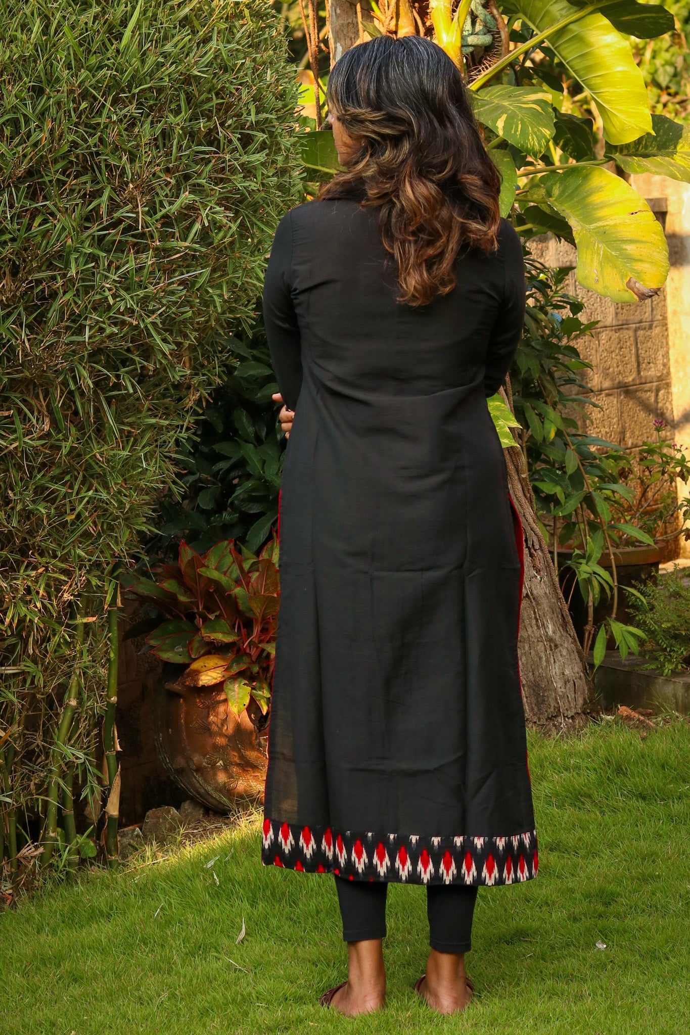 Black With Red Ikat Collared Straight Kurta