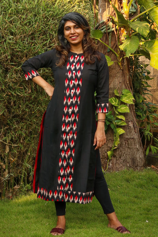 Black With Red Ikat Collared Straight Kurta