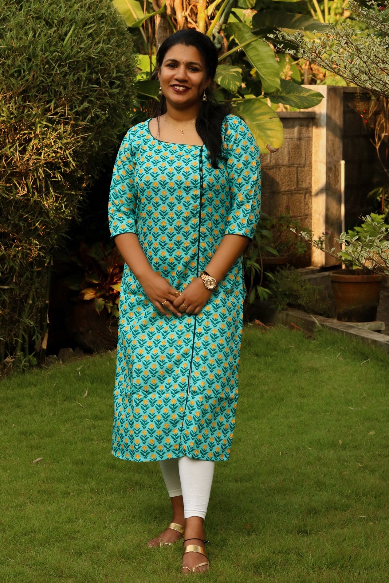 Sea Green With Yellow Floral Kurta