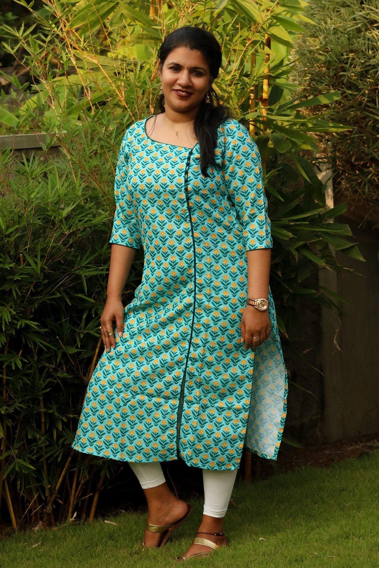 Sea Green With Yellow Floral Kurta