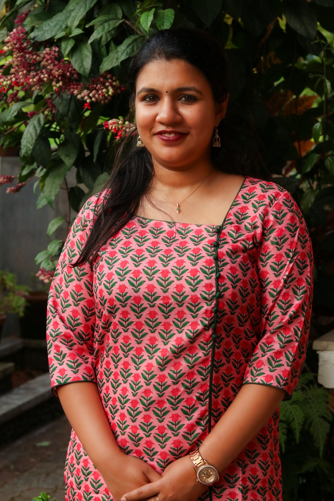 Pink With Bottle Green Floral Kurta