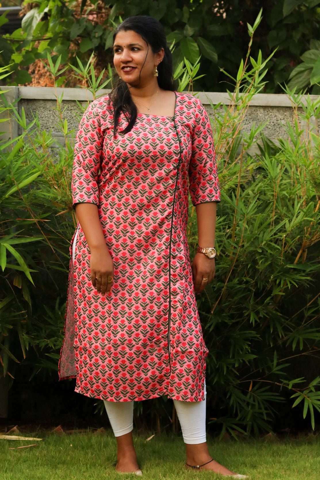 Pink With Bottle Green Floral Kurta