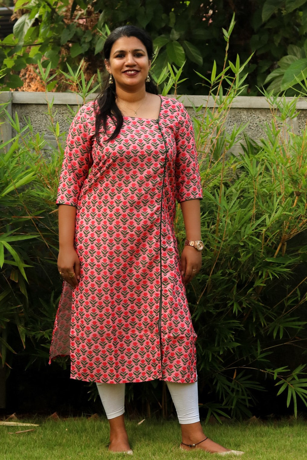 Pink With Bottle Green Floral Kurta