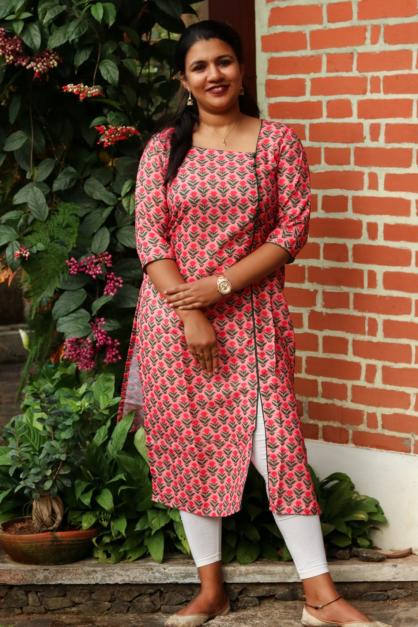 Pink With Bottle Green Floral Kurta