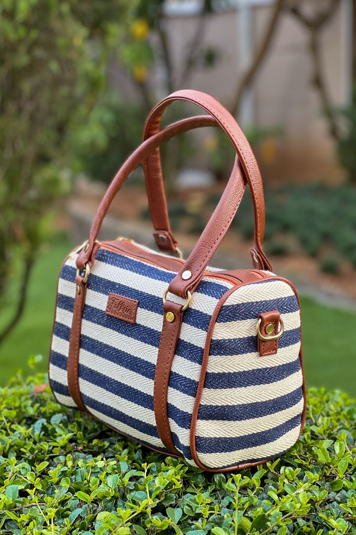 Striped Satchel Sling Bag - Navy Blue