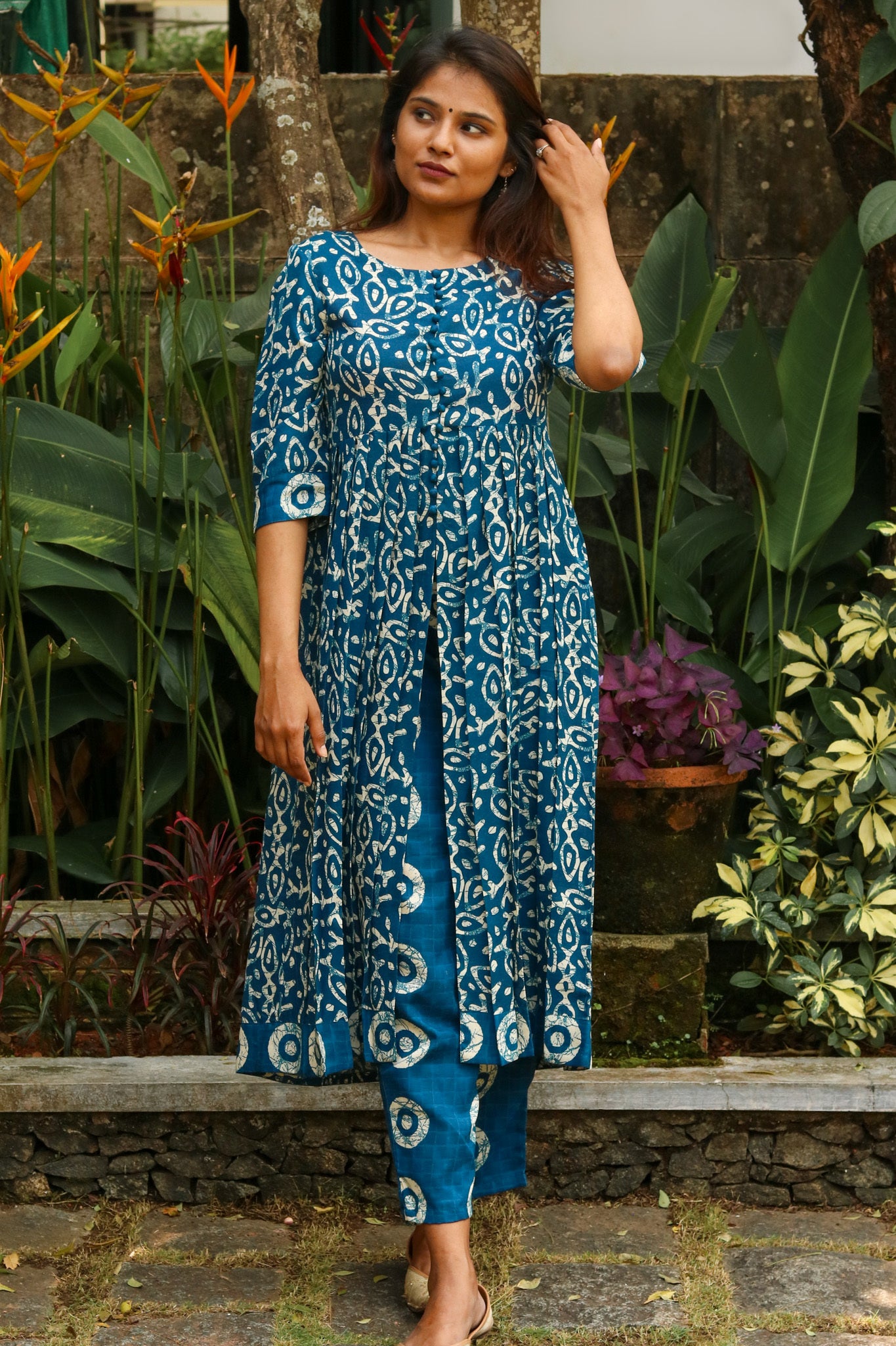 Blue Batik Pleated Kurta with Pant Set