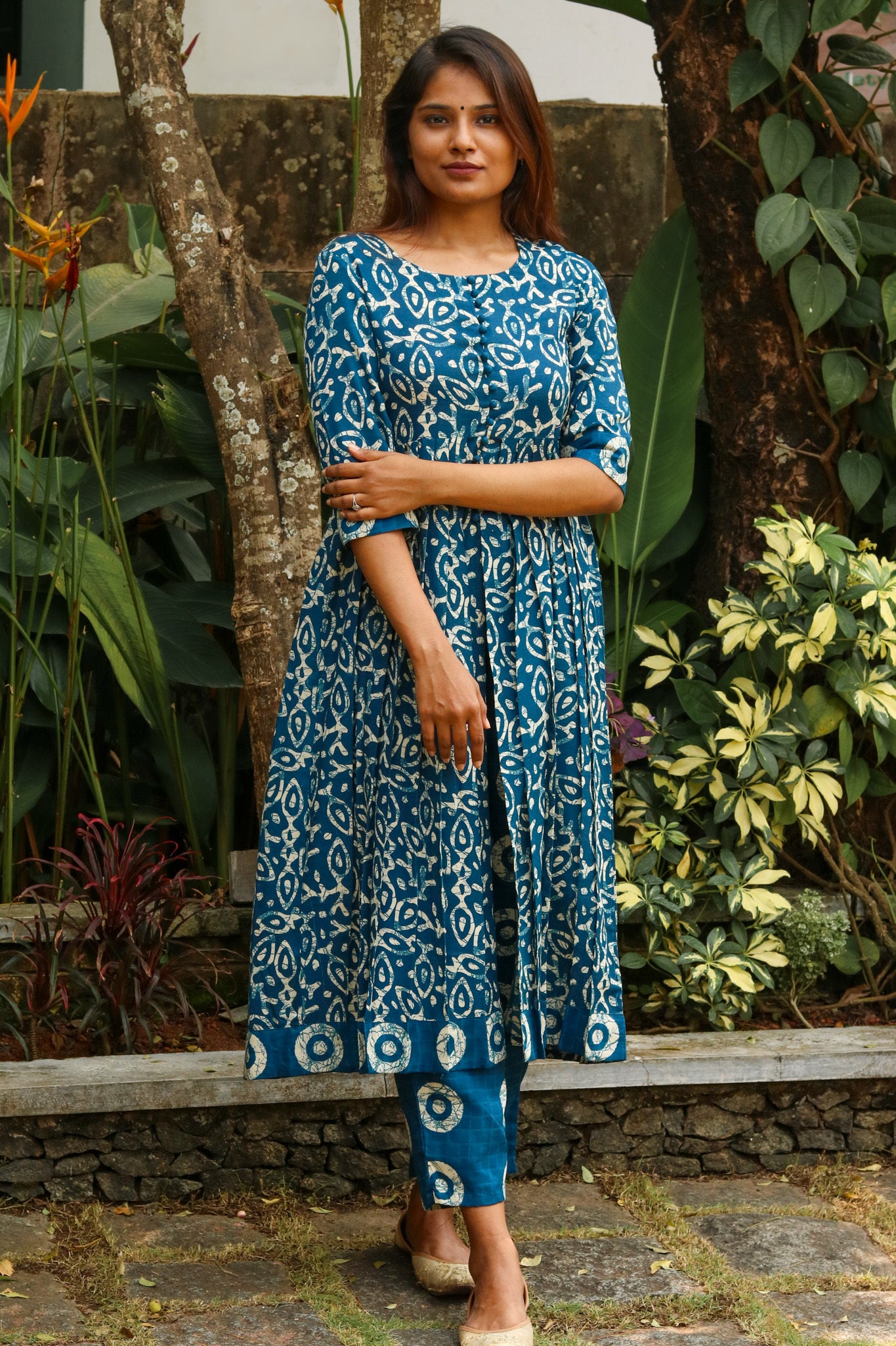 Blue Batik Pleated Kurta with Pant Set