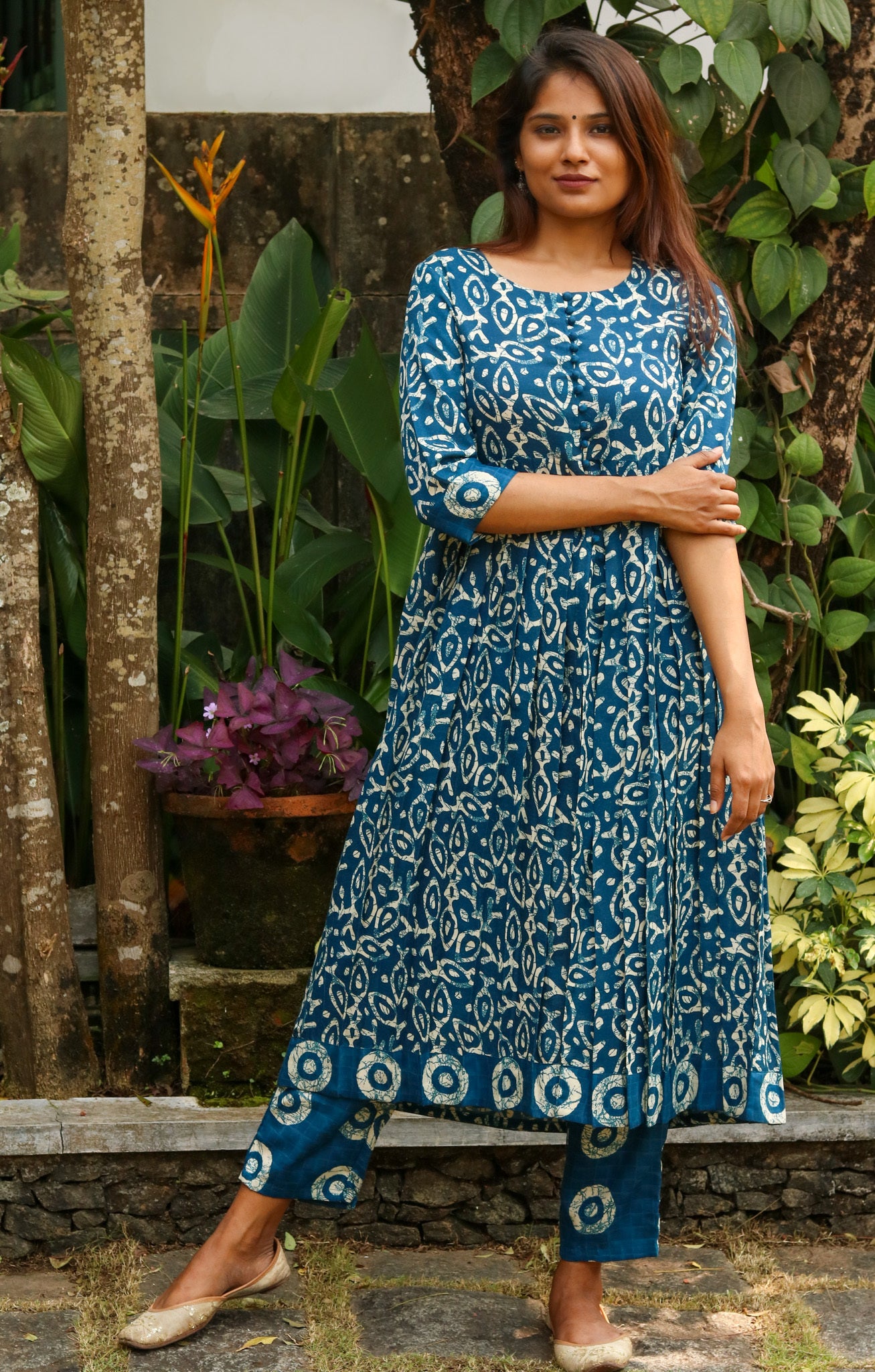 Blue Batik Pleated Kurta with Pant Set