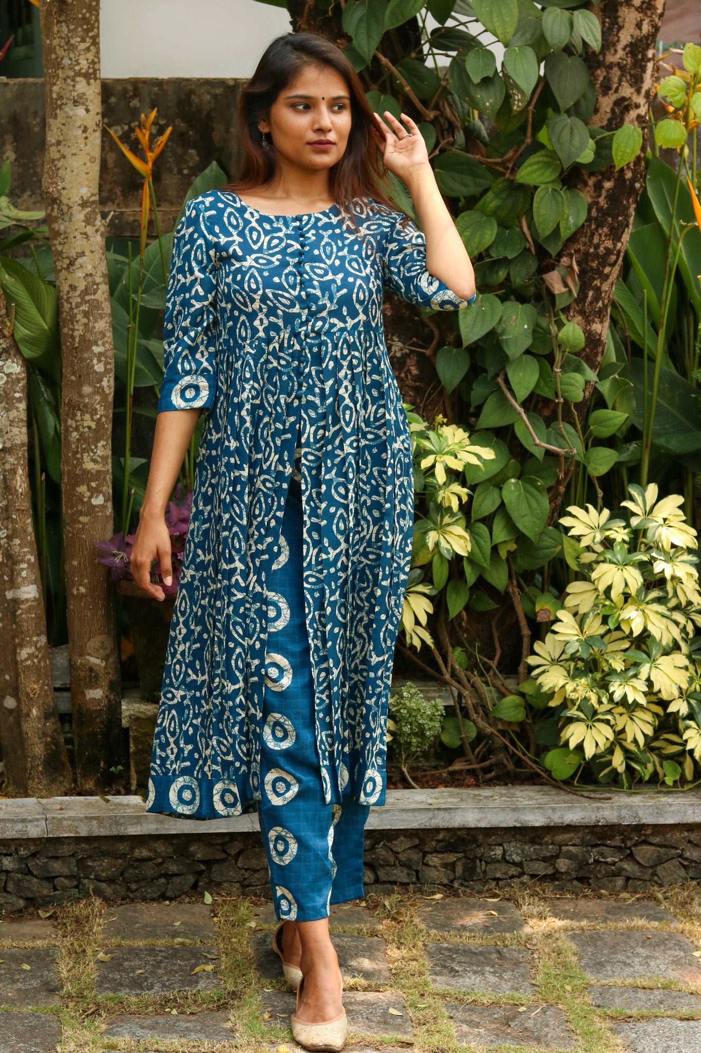 Blue Batik Pleated Kurta with Pant Set