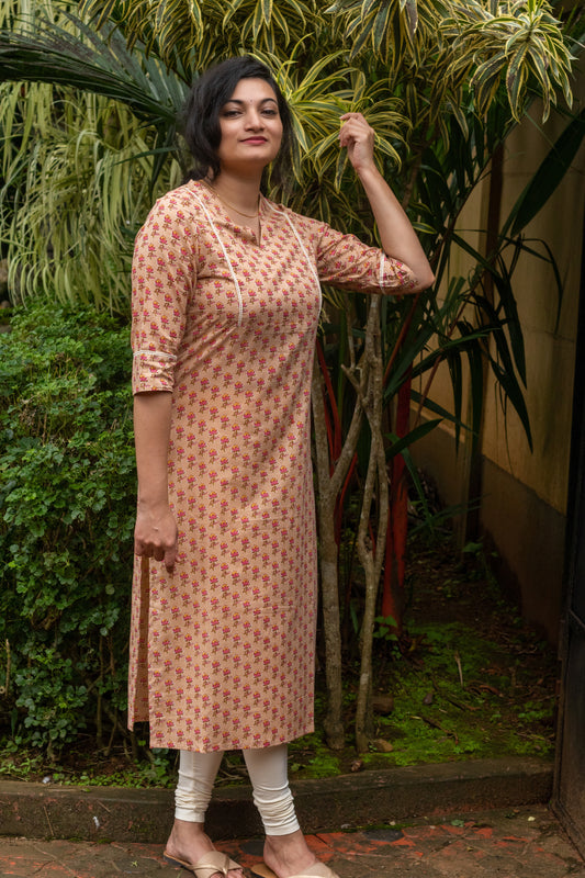 Beige with Pink & Yellow Floral Kurta with Lace Work