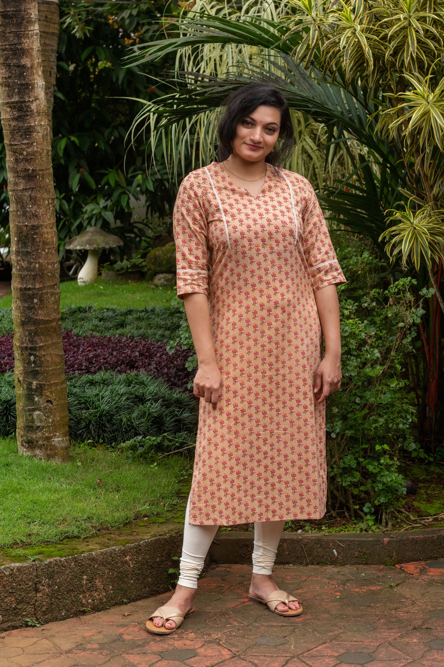 Beige with Pink & Yellow Floral Kurta with Lace Work