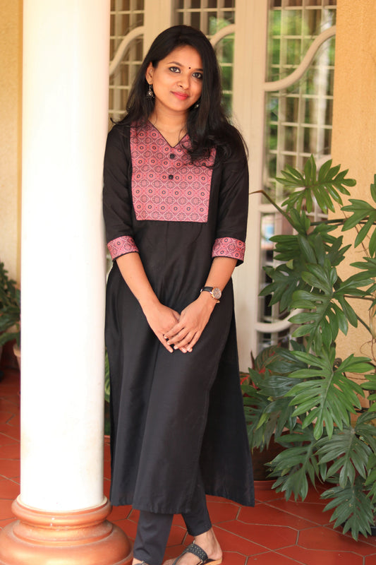 Black Straight Cut Kurta with Ajrakh Yoke
