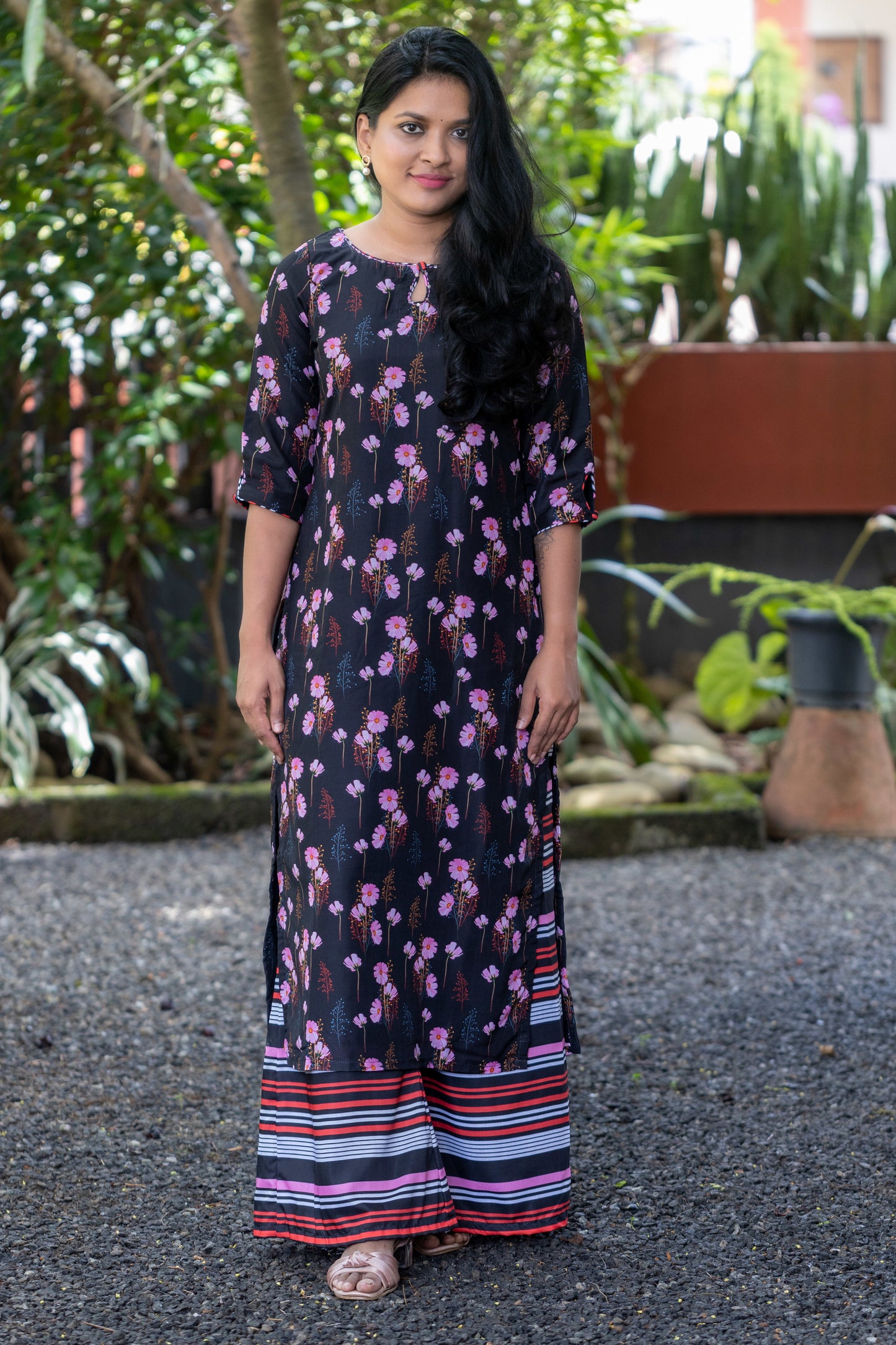 Black & Pink Floral Muslin Kurta with Striped Palazzo Pants