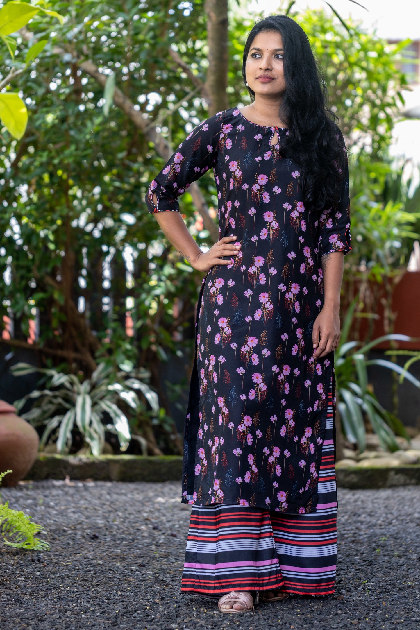 Black & Pink Floral Muslin Kurta with Striped Palazzo Pants