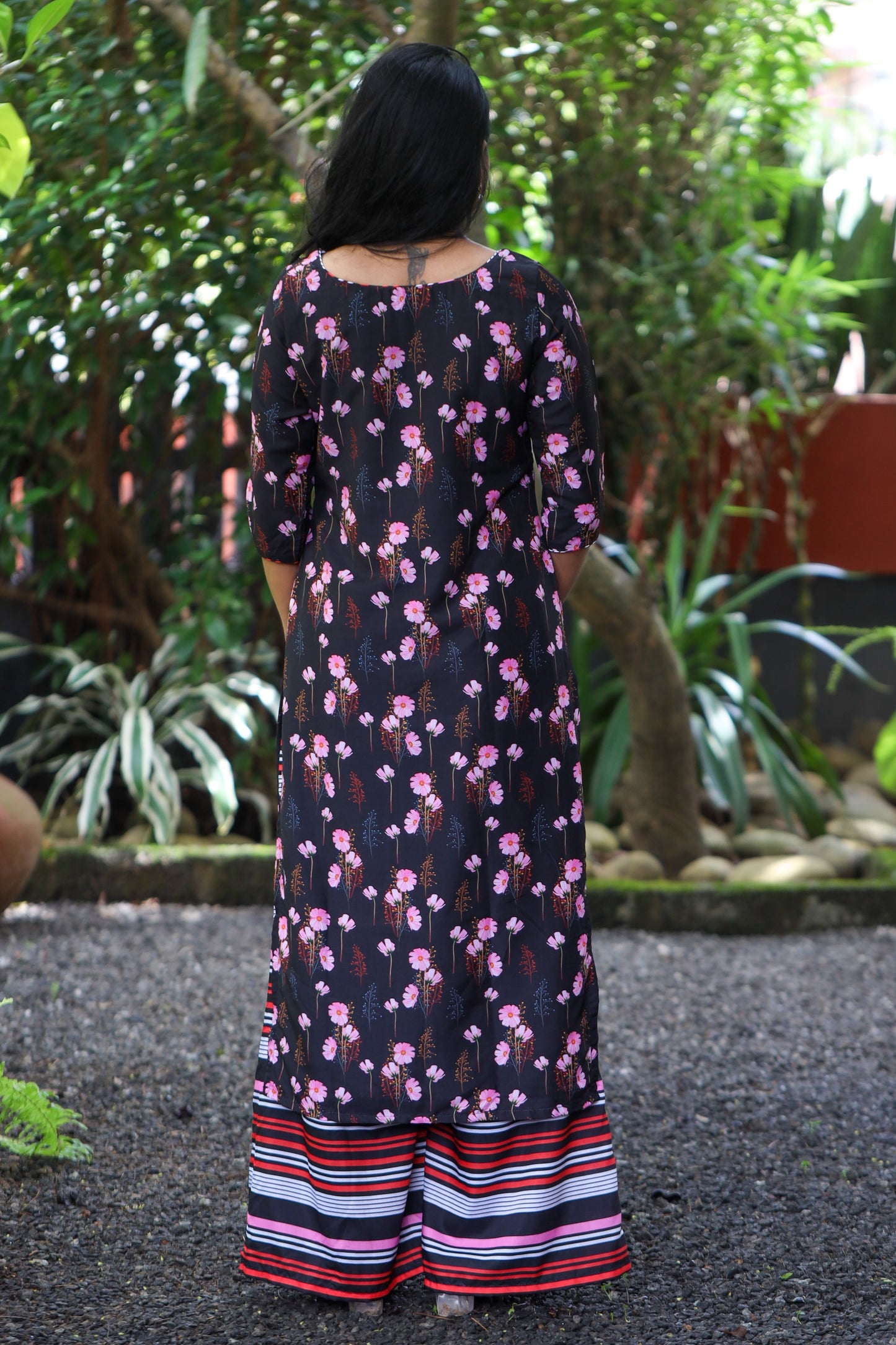 Black & Pink Floral Muslin Kurta with Striped Palazzo Pants