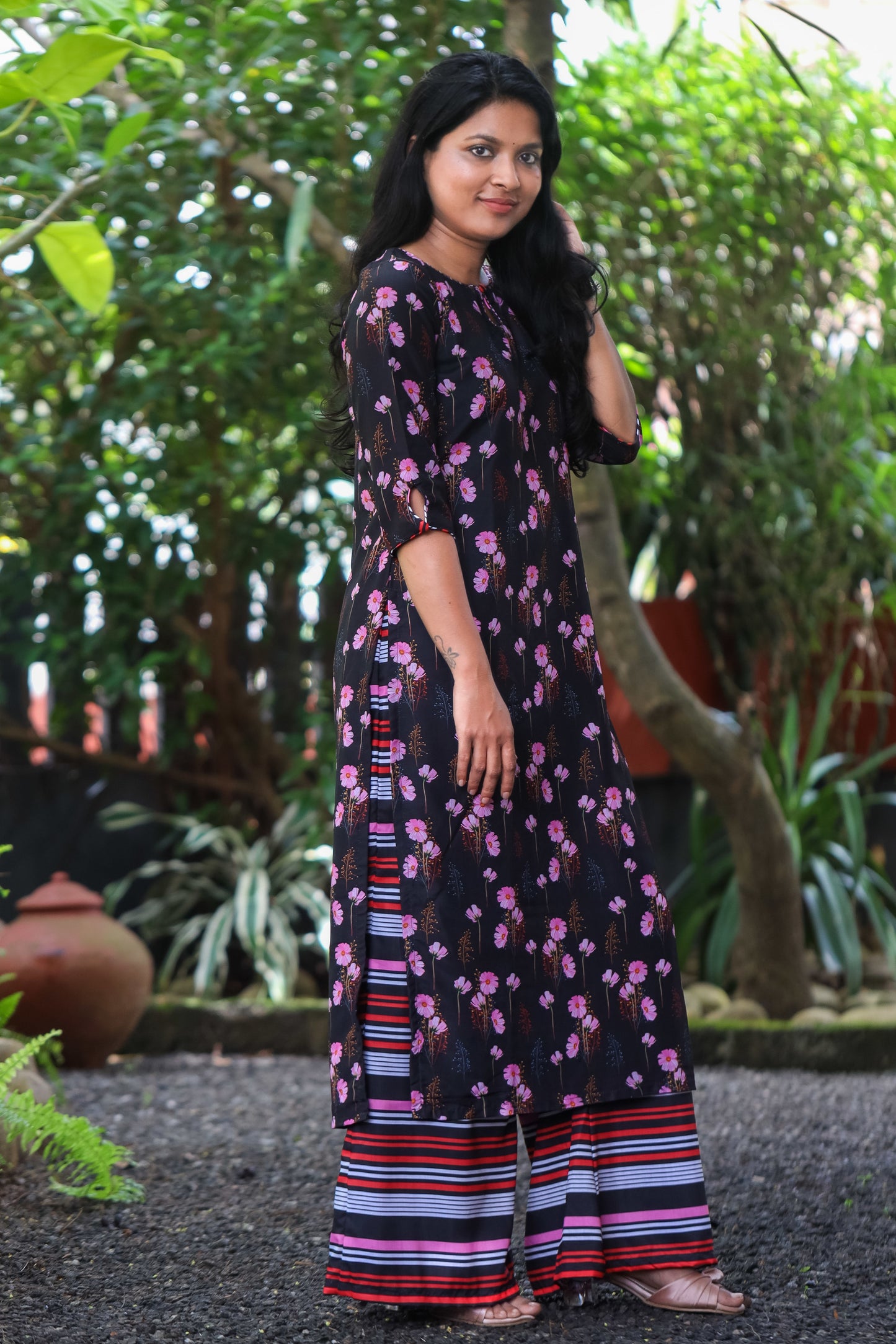 Black & Pink Floral Muslin Kurta with Striped Palazzo Pants