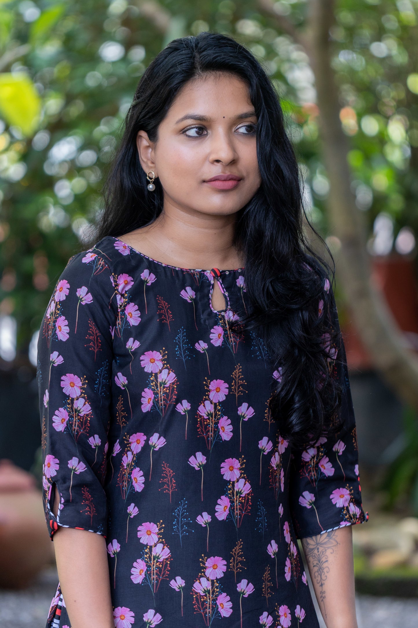 Black & Pink Floral Muslin Kurta with Striped Palazzo Pants