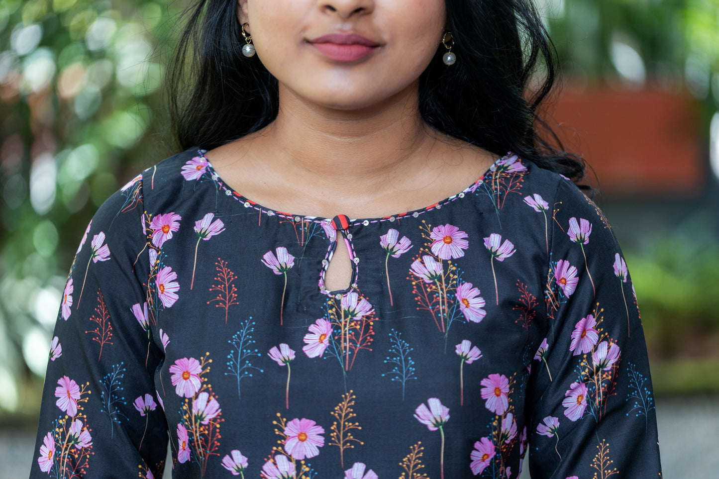 Black & Pink Floral Muslin Kurta with Striped Palazzo Pants