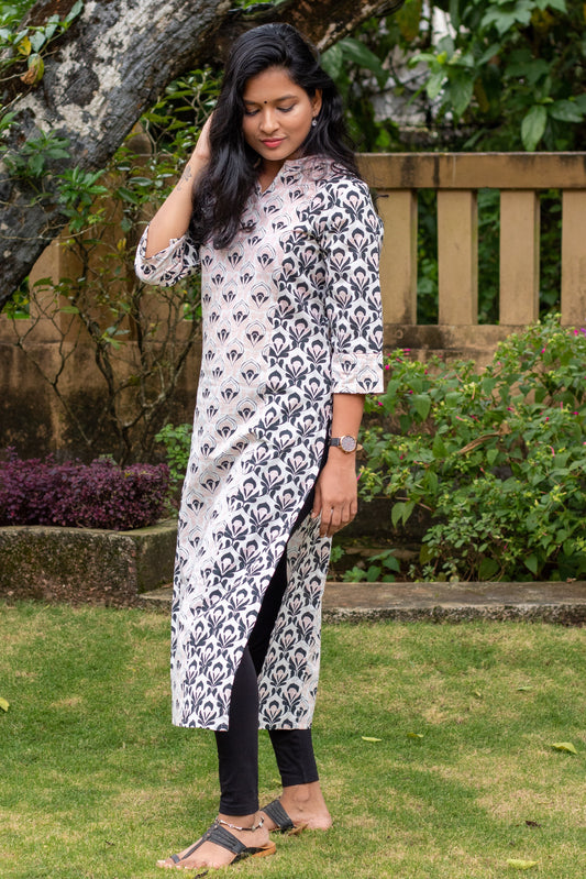 Black & White with Peach Printed Kurta