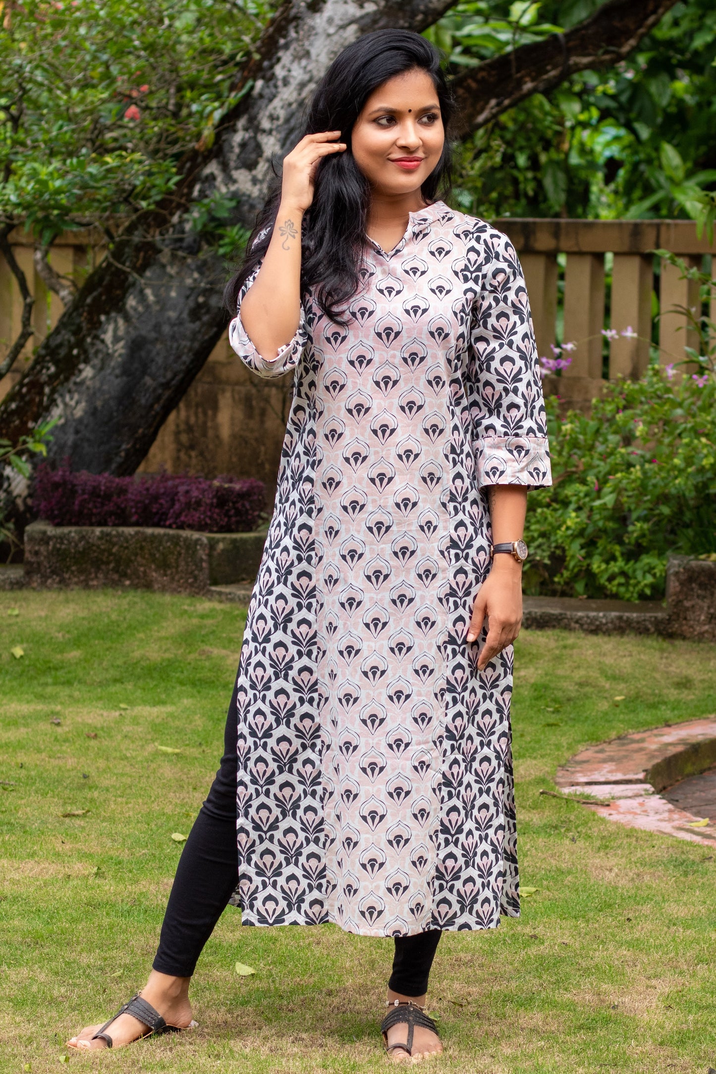 Black & White with Peach Printed Kurta
