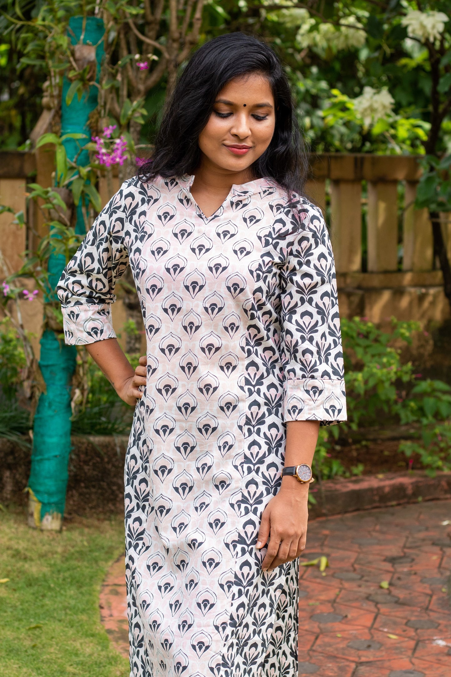 Black & White with Peach Printed Kurta