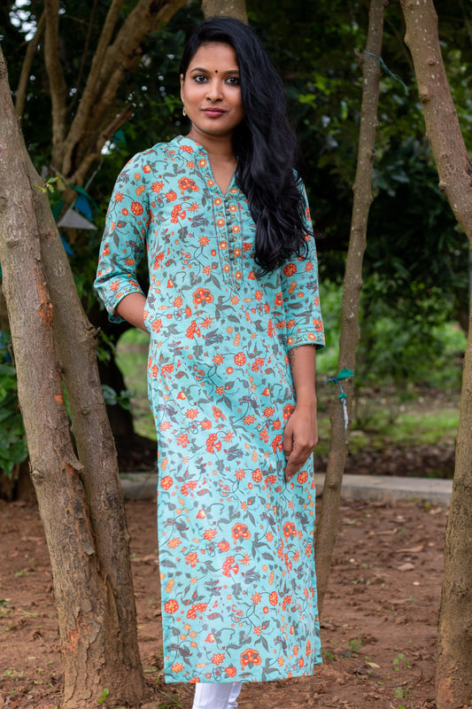 Sky Blue Collared Block Printed Kurta