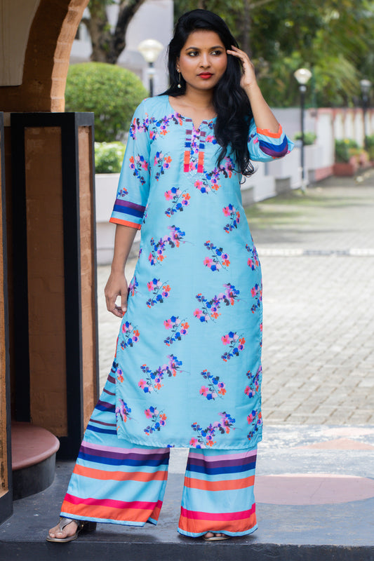 Blue & Red Floral Muslin Kurta with Striped Palazzo Pants