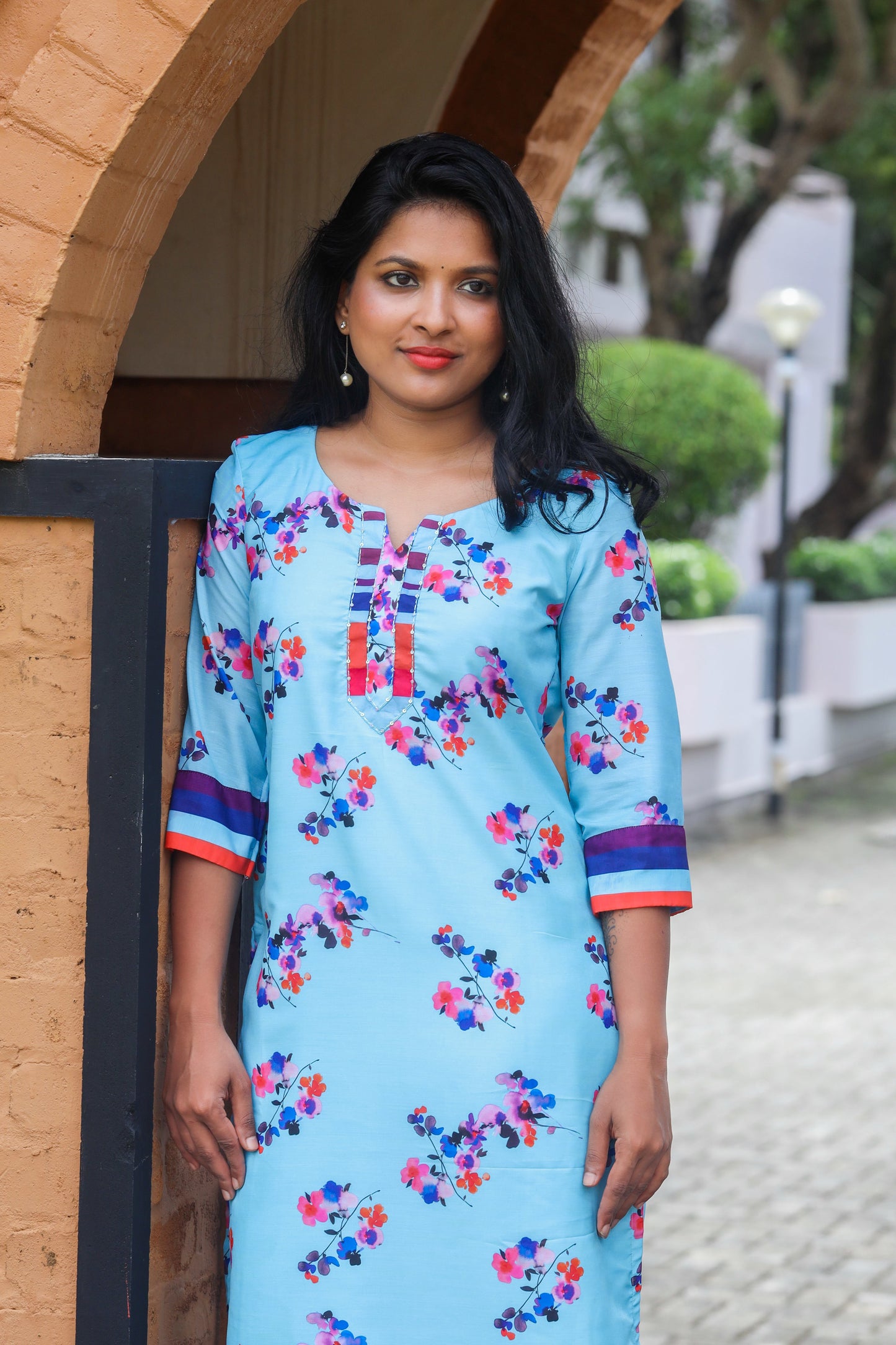 Blue & Red Floral Muslin Kurta with Striped Palazzo Pants