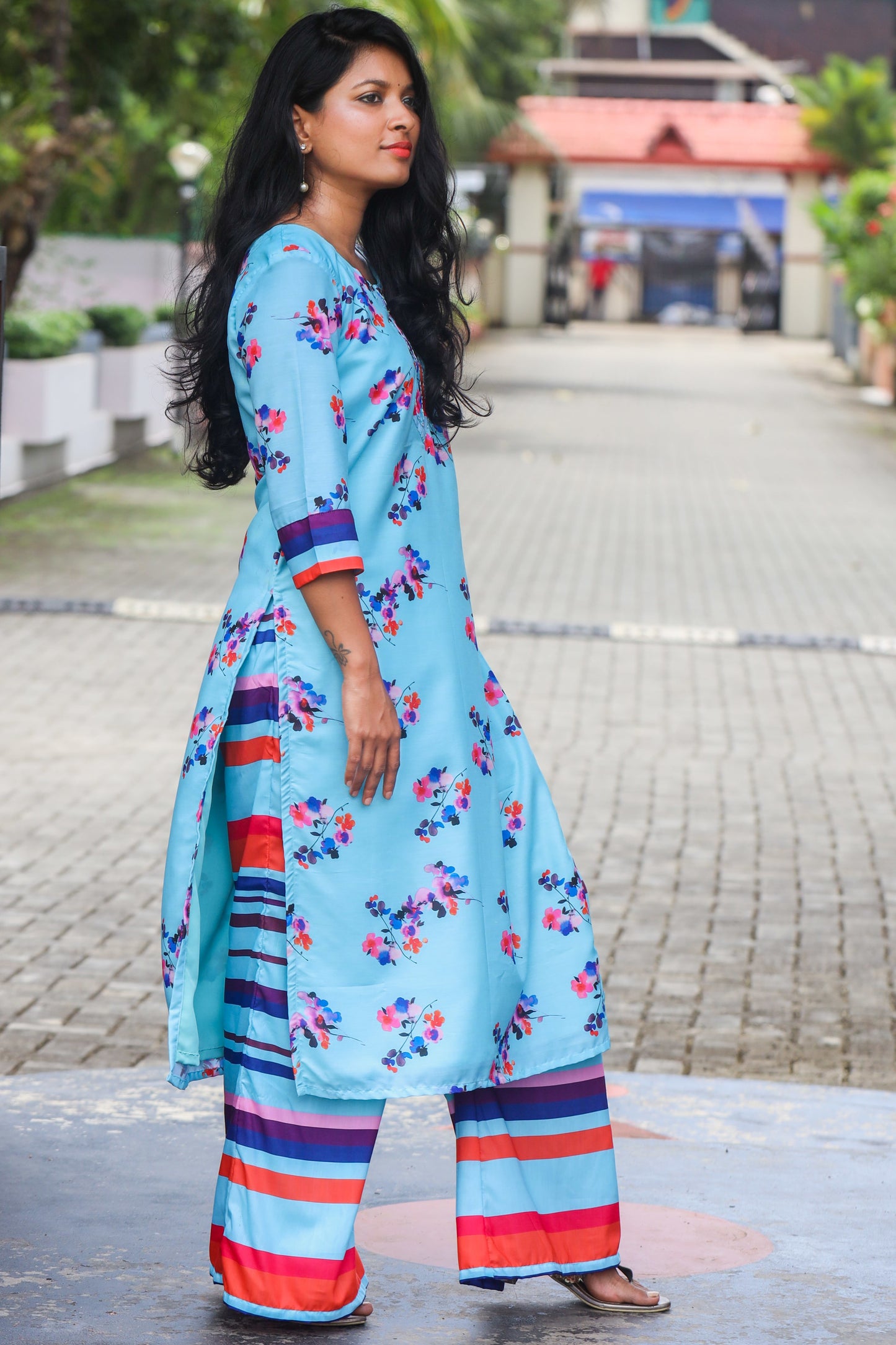 Blue & Red Floral Muslin Kurta with Striped Palazzo Pants