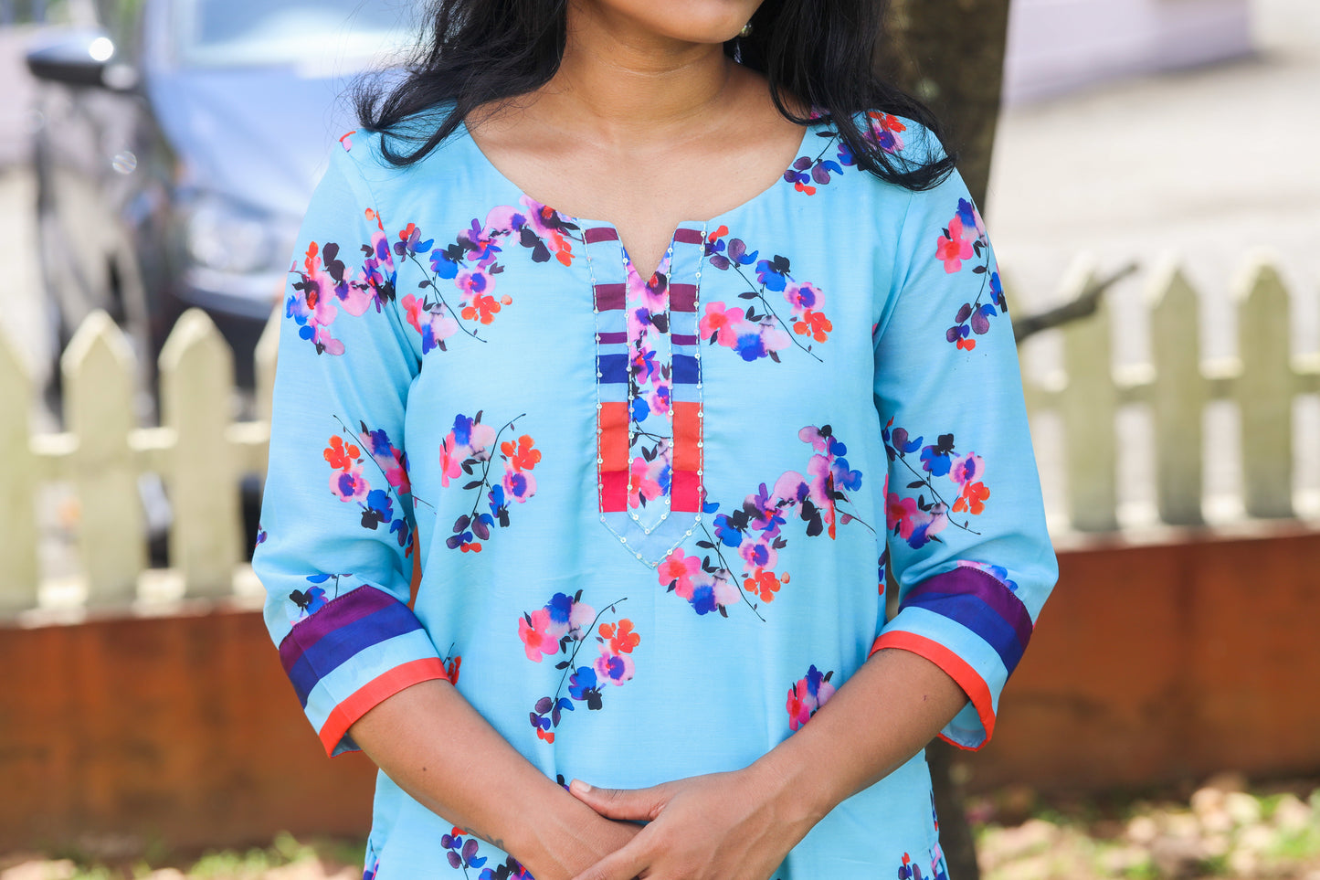 Blue & Red Floral Muslin Kurta with Striped Palazzo Pants