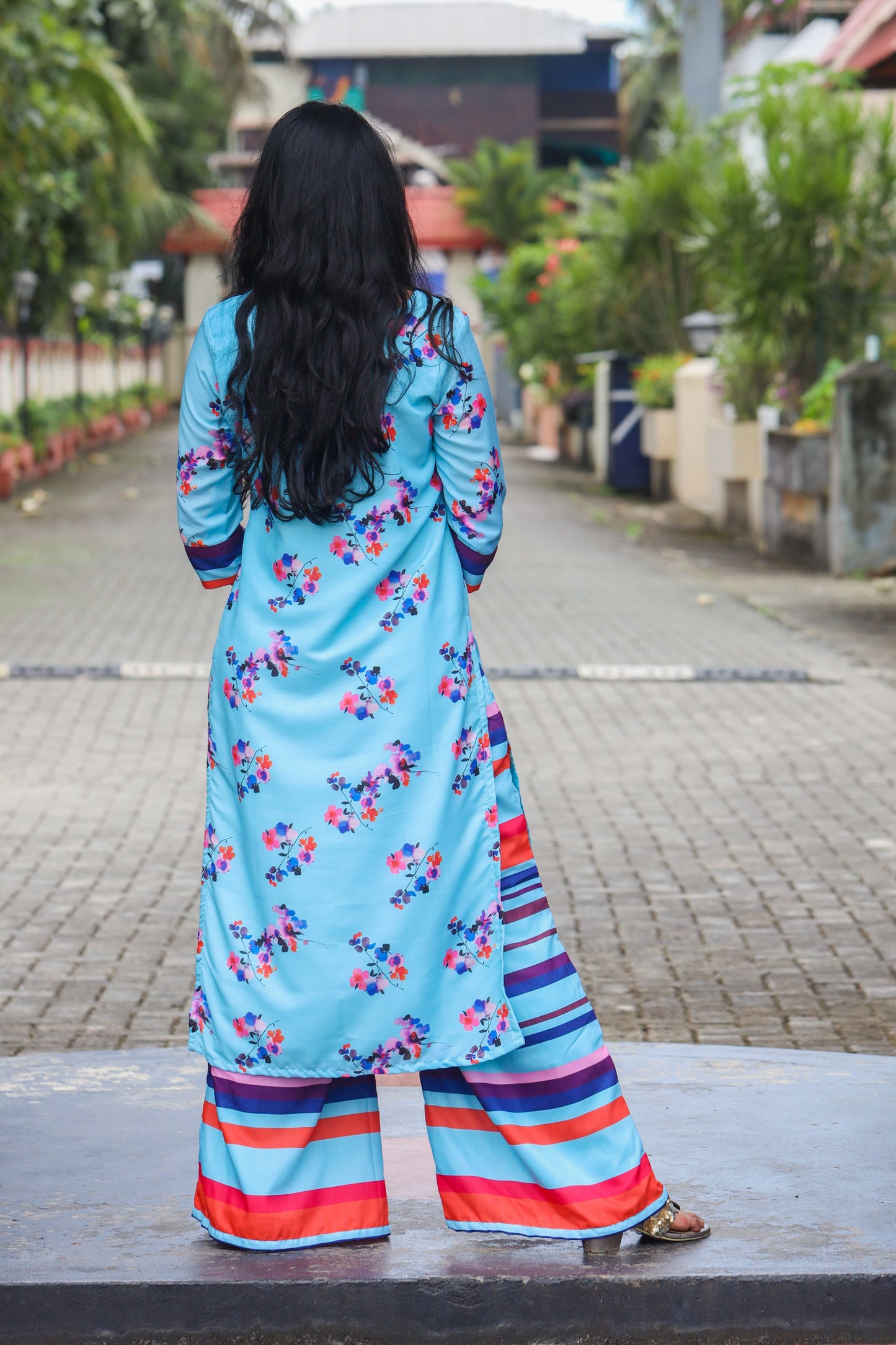 Blue & Red Floral Muslin Kurta with Striped Palazzo Pants