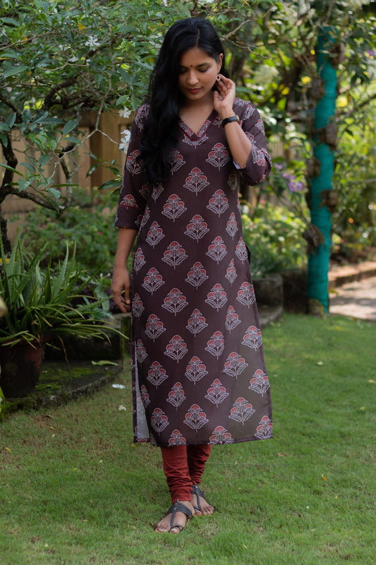 Coffee Brown Kurta with Maroon Motifs