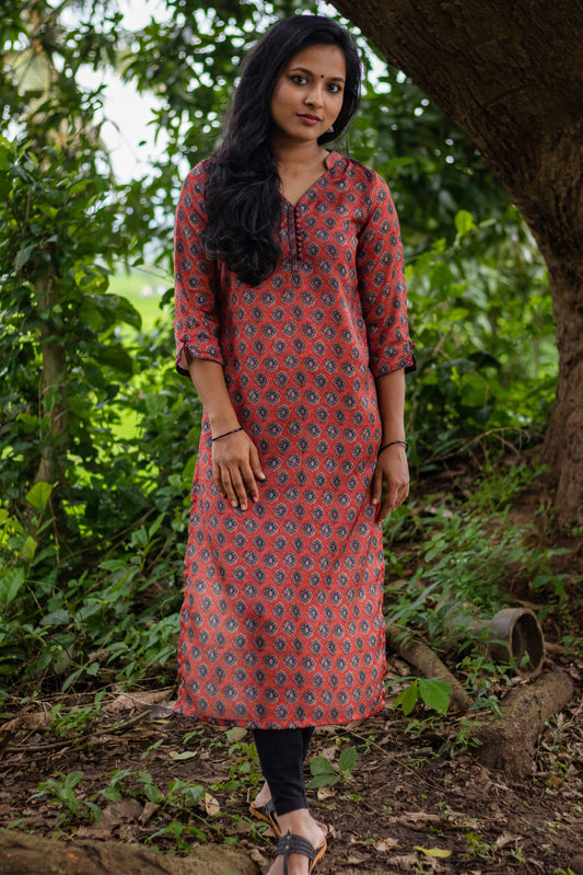 Dark Orange Ajrakh Kurta