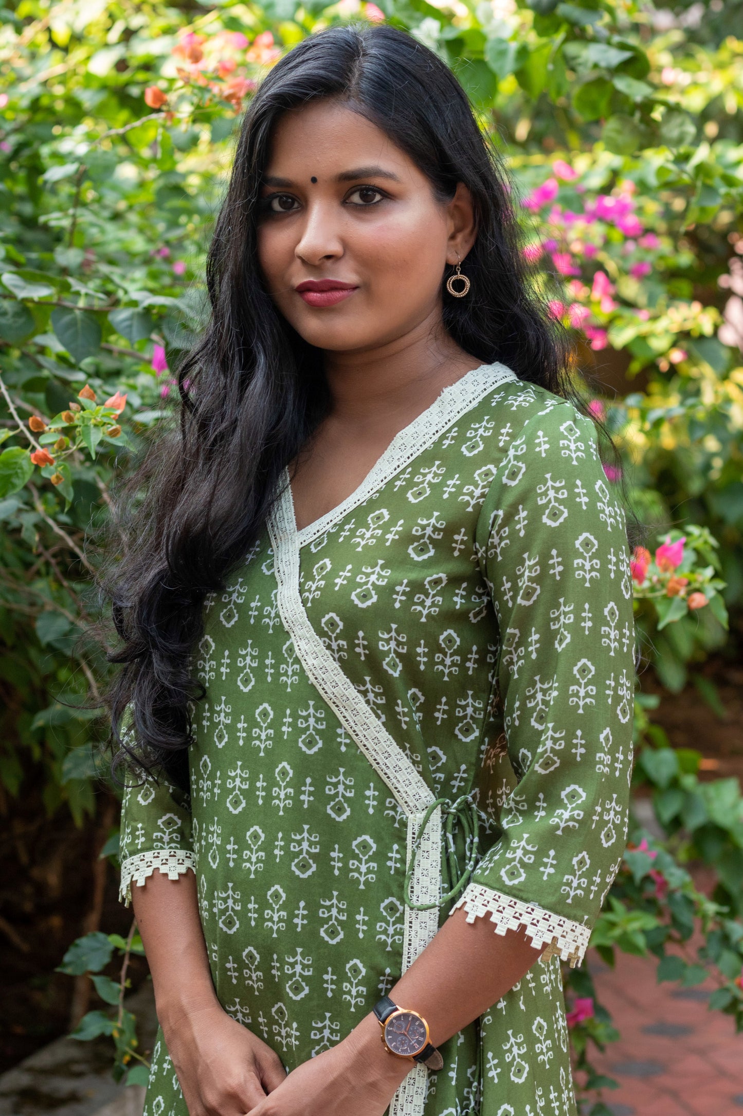 Green Cotton-Muslin Angrakha Kurta with Floral Lace Work