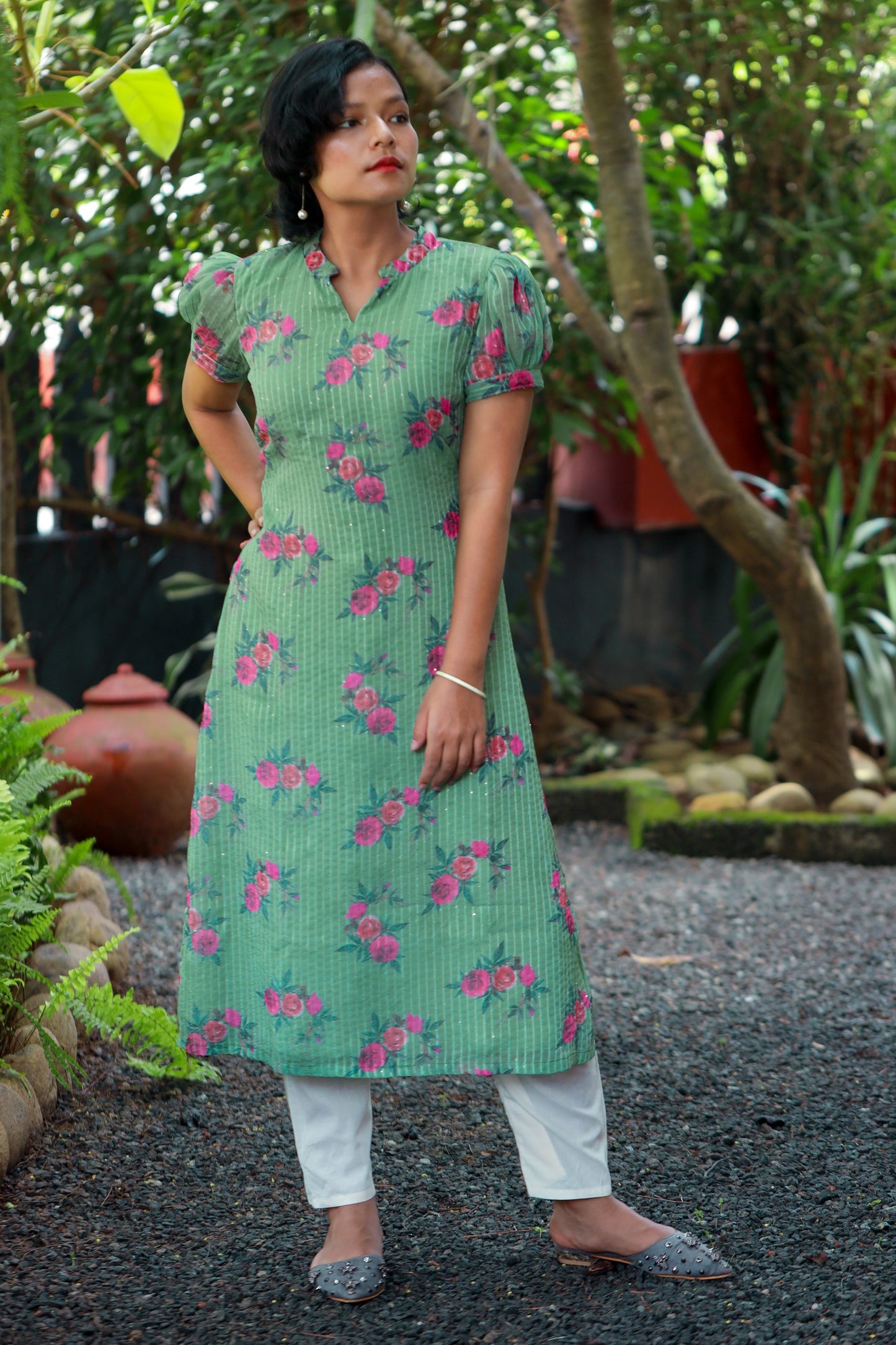 Green Floral Kurta in Sequins Embroidered Georgette