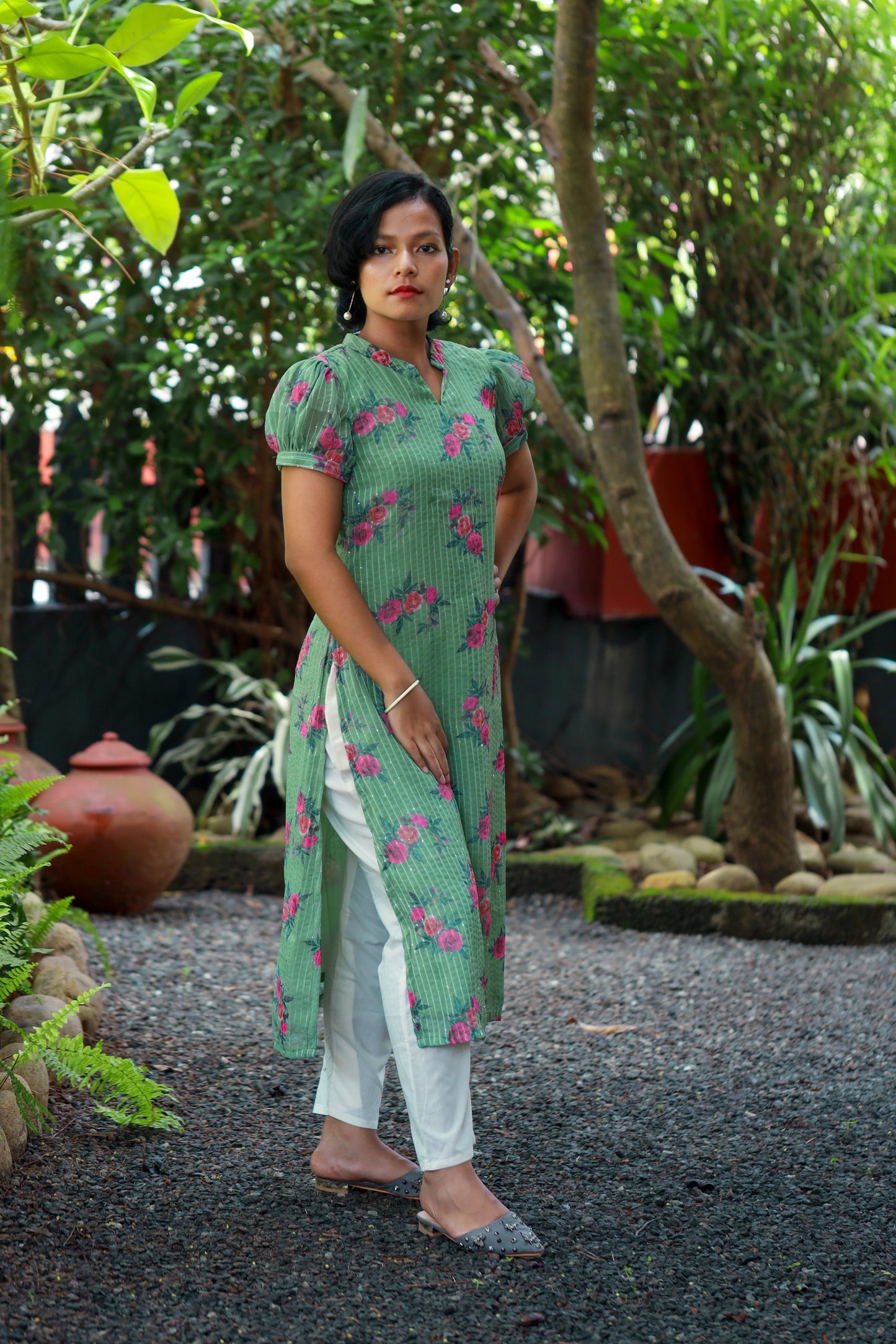 Green Floral Kurta in Sequins Embroidered Georgette