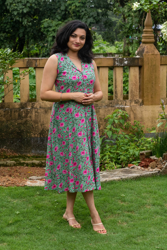 Pastel Green With Pink Orchid Shirt Dress